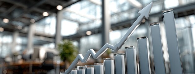 Visualization of upward business growth in a modern office setting illustrating progress over time with a sleek design and glass architecture