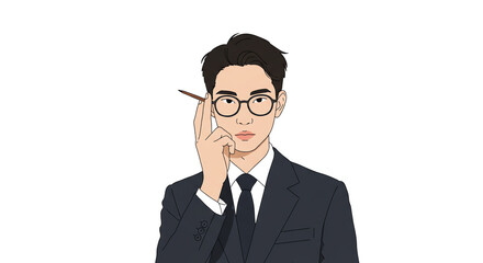 Young man in suit thinking with a pencil in hand  