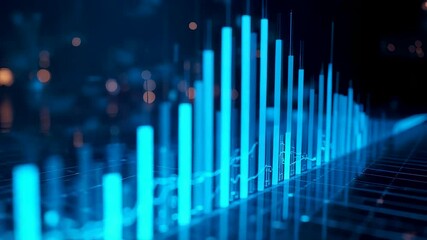Digital glowing blue bar graph showing financial growth analytics and futuristic data visualization with neon light 3D technology concept - Powered by Adobe