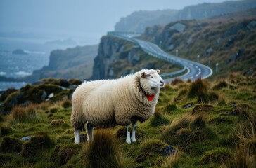 Sheep grazing on scenic coastal road ireland photography misty landscape serene view nature's beauty