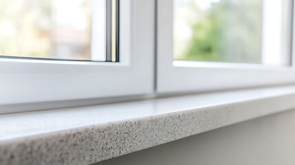 Fototapeta premium A modern window with a textured, light-colored windowsill. Natural light streams through the panes, blurring the outdoor scenery.