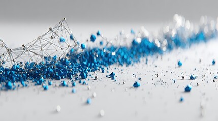 Abstract network structure with scattered blue particles on white surface, representing digital innovation, precision, and modern technological art