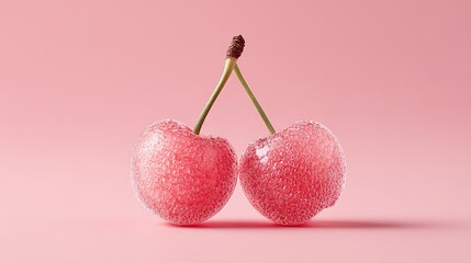 A close up studio macro photograph showcases two glistening red cherries covered in sparkling sugar crystals, connected by textured green stems, set against a plain soft pink backdrop.