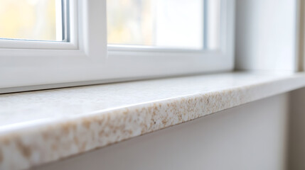Fototapeta premium Close-up of a neutral-toned windowsill with a textured surface, framed by a crisp white window, offering soft, natural light, and subtle architectural detail.