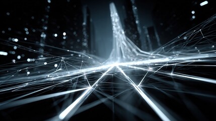 Futuristic digital cityscape with glowing network lines converging in perspective, symbolizing data flow, connectivity, and advanced technological innovation