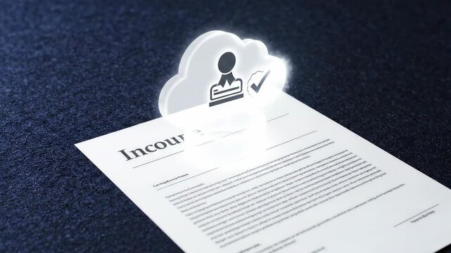 Digital Transformation - e-Invoicing Flow: Invoice arrow rises into a cloud; a rosette stamp appears and a mint check bead lingers.