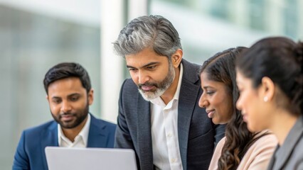 Indian corporate team analyzing big data trends — executive director leading fintech presentation, teamwork and strategy focus