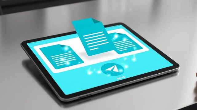 Digital Transformation - e-Invoicing Flow: Send puck lifts a document into a cloud bubble; a success spark fades where it launched.