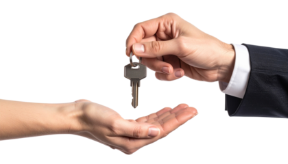 New homeowner receiving keys bundle isolated on transparent background.