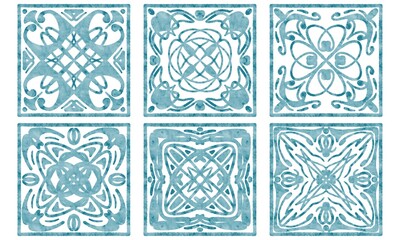 six tiles with blue watercolor patterns
