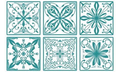 six tiles with blue watercolor patterns