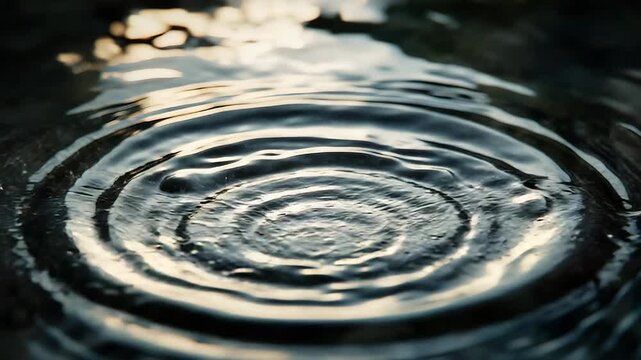 Water drop creating ripple effect on dark liquid surface