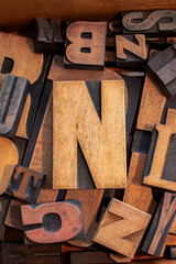 Alte Drucklettern aus Holz. Benutzt, teilweise mit alten Farbresten und Kratzern