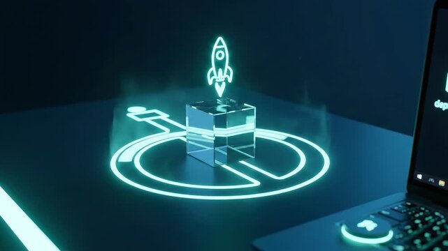 Digital Transformation - MLOps Promotion: Pipeline ring sweep triggers a tiny rocket rise and a check spark beside the model cube.