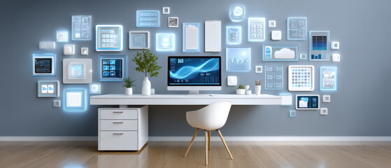Modern workstation with sleek desk monitor and digital interface panels displaying analytics and cloud data creating calm productive atmosphere