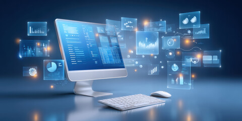 Modern workstation with sleek desktop computer and floating translucent data panels displaying analytics charts and glowing interface cool blue