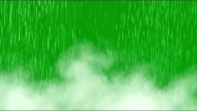 A thunderstorm effect with rain and mist, isolated on a green screen background.