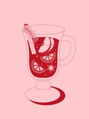 Vector illustration of mulled wine in glass with orange slices, apple, cinnamon and star anise. Cozy warm winter drink for Christmas and holiday design.