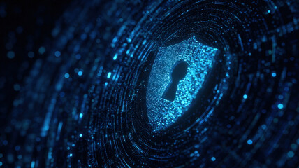 Digital Security Shield With Keyhole Symbol And Binary Data Protection In Futuristic Cyber Space Technology