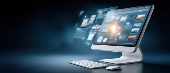 Modern workstation showcasing futuristic user interface and floating windows in cool blue lighting evoking innovation and focus