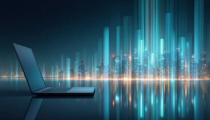 Modern workstation laptop on reflective surface with glowing city data visualization skyline at night conveying innovative energy and focus