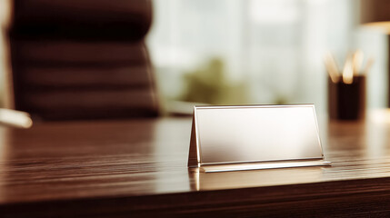 重厚な木製デスクに置かれた空白の金属製ネームプレート