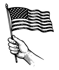 Vintage Hand Holding American Flag. Vector engraving style illustration
