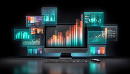 Modern workstation displaying dynamic financial analytics dashboard with colorful bar and line charts conveying focused data driven insight
