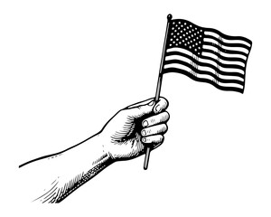 Vintage Hand Holding American Flag. Vector engraving style illustration