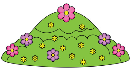 Green grassy mound with pink purple yellow flowers green mound pink flowers
