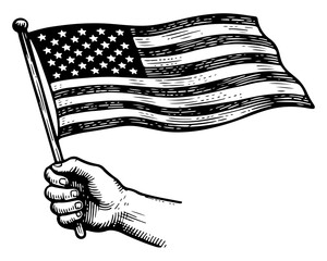 Vintage Hand Holding American Flag. Vector engraving style illustration