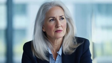 Mature businesswoman in meeting, thoughtful discussion, modern office background, business meeting - Powered by Adobe