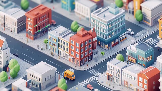 Isometric low poly city scene with buildings and roads