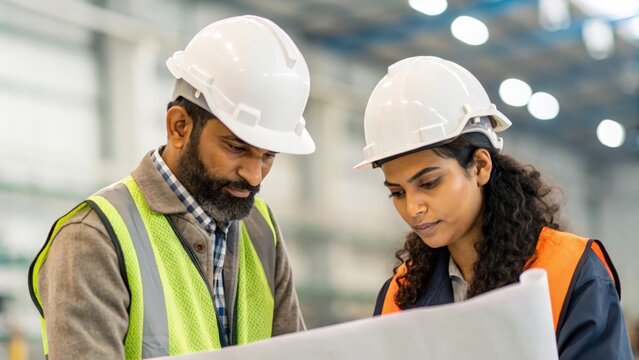 Male and female Indian industrial engineers collaborating in factory — analyzing project plans, demonstrating teamwork and innovation