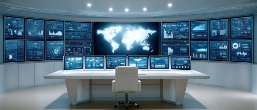 Modern workstation control room with panoramic monitors displaying world map analytics and data visualizations conveying focused high tech