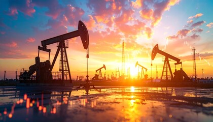Obraz premium Oil and Finance Sunset - Dramatic sky with a setting sun illuminating oil rigs and a stock market chart