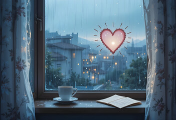 Romantic rainy window with glowing heart and candle light, cozy night atmosphere, love and nostalgia concept for Valentine’s Day, emotional moody scene with soft reflections and blue evening tone