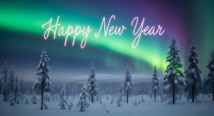 Magical aurora borealis shimmers over snowy winter forest welcoming the new year with festive lights