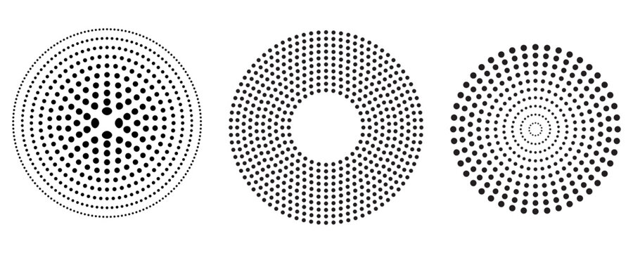 PrintHalftone gradient circles collection. Dots textured round patterns. Cartoon comic radial faded background set. Abstract pixelated elements for frame, poster, collage, banner, flyer. Vector bundle