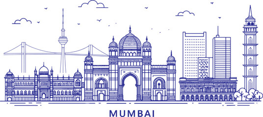 Mumbai Skyline Hand Drawn Sketch Vector Illustration with Gateway of India, Taj Mahal Palace, Bandra&ndash;Worli Sea Link, and Cityscape Landmarks for Poster, Print, Wall Art, and Travel Design Use