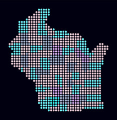 Fototapeta premium Wisconsin dotted map. Digital style map of the state on dark background. Wisconsin shape with circle dots. Colored dots style. Large size circles. Trending vector illustration.