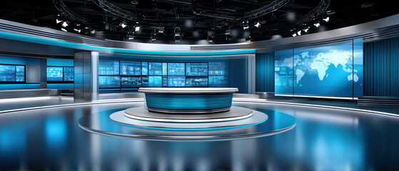 Modern workstation news studio set with circular anchor desk large video wall world map blue lighting sleek futuristic broadcast interior calm
