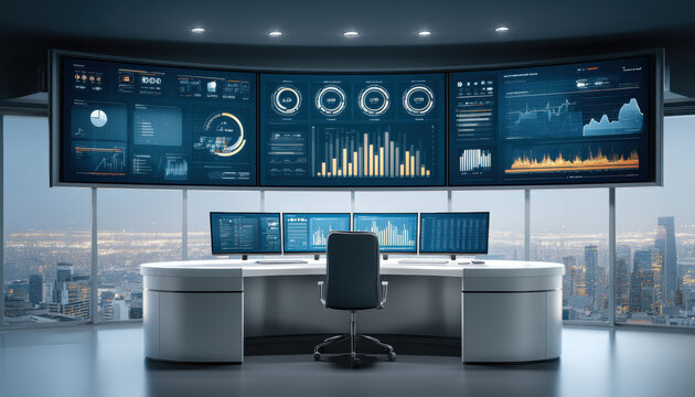Modern workstation control room with panoramic data dashboard and city view creating focused analytical atmosphere