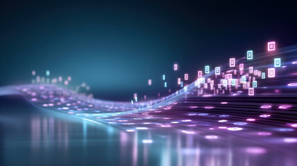 Modern workstation glowing data wave flows across digital surface with neon lights creating dynamic futuristic atmosphere and subtle motion blur