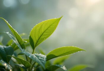 Fresh green leaves with soft morning light and bokeh background, natural eco-friendly concept for environment, wellness, and growth themes, refreshing botanical nature close up with sunlight focus