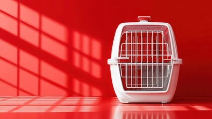 A white and red pet carrier rests against a vibrant red wall, casting a sharp shadow pattern resembling window blinds on the floor and wall. The lighting creates a dramatic contrast.