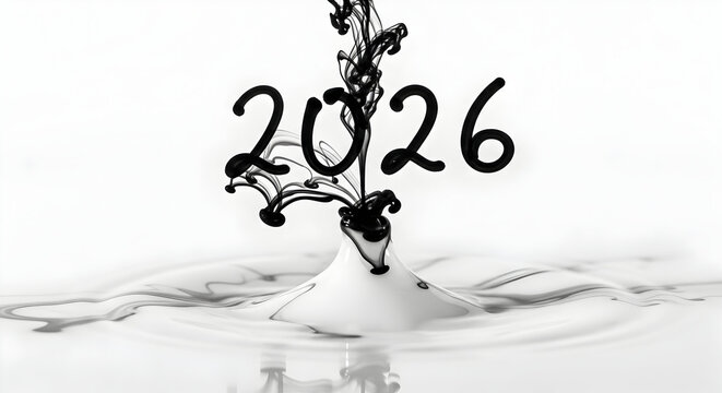 Abstract ink splash forms the year 2026 in a dynamic artistic display against a clean white background with water ripples
