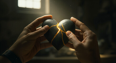 Hands holding a broken heart repaired with gold, representing healing and resilience for mental health blogs and relationship articles.