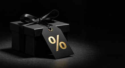A Store sale banner concept for Black Friday, featuring a luxury black gift box and a gold percentage tag for exclusive offers.