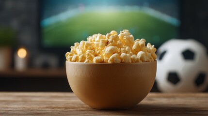 Popcorn bowl on a table near a soccer match being played on a screen